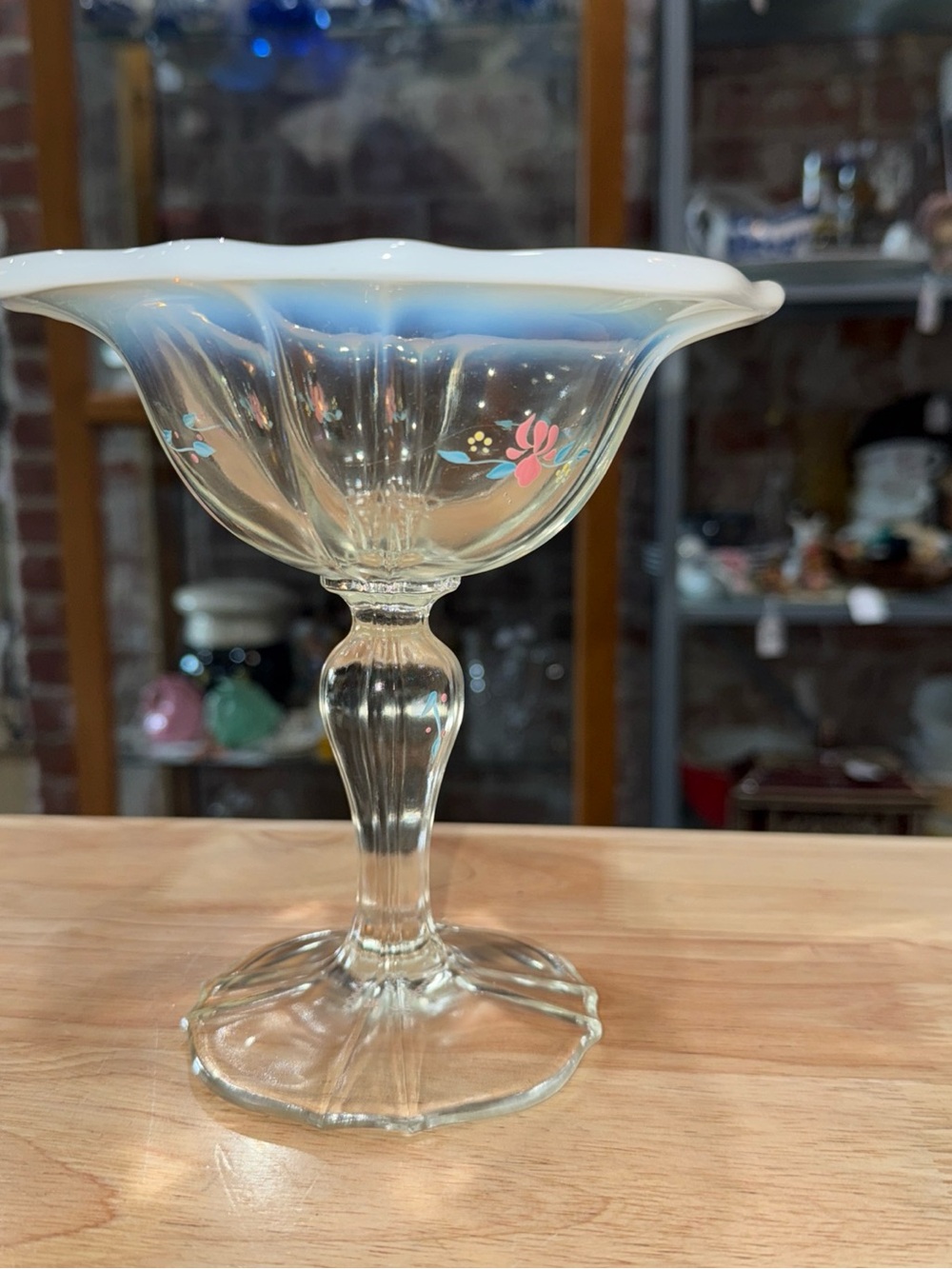 Glass Compote Dessert Dish with White Rim and Pink Floral Accent Fenton Vintage